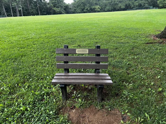A small memorial bench facing an open playing field, a brass plaque on the backrest, mown grass behind and a ball-field backstop in the distance.