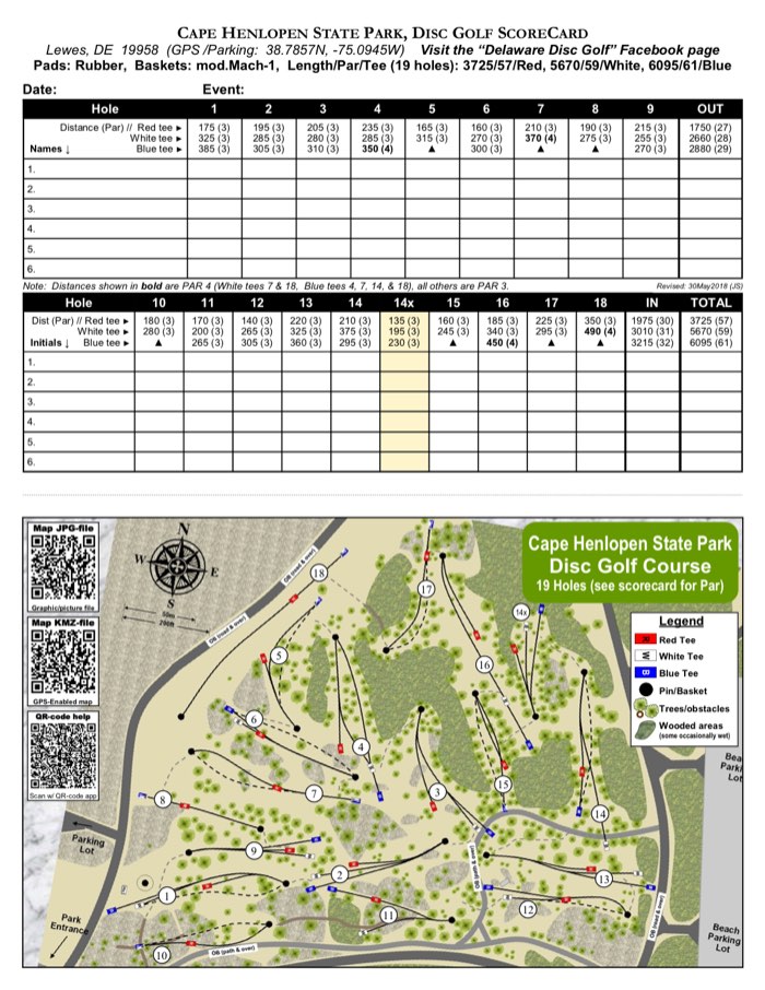 Course map for Cape Henlopen, from the Delaware State Parks scorecard