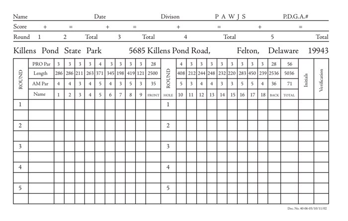Course map for Killens Pond, from the Delaware State Parks scorecard