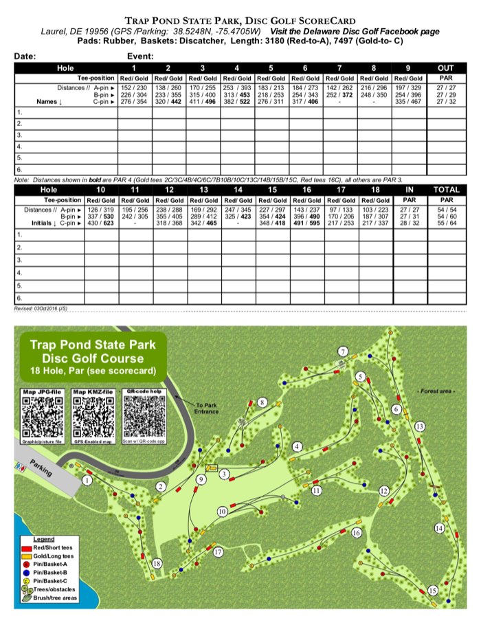 Course map for Trap Pond, from the Delaware State Parks scorecard