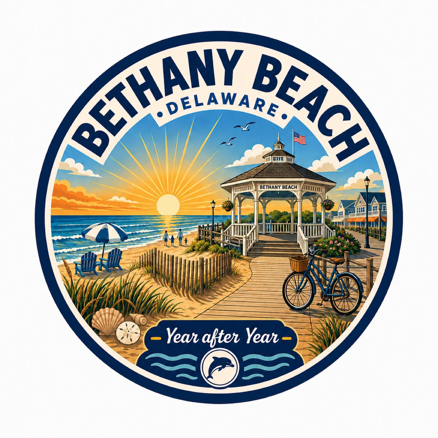 Circular badge: the Bethany Beach bandstand at sunrise, boardwalk, a bicycle with a basket, families on the sand, shells and a sand dollar in the foreground.
