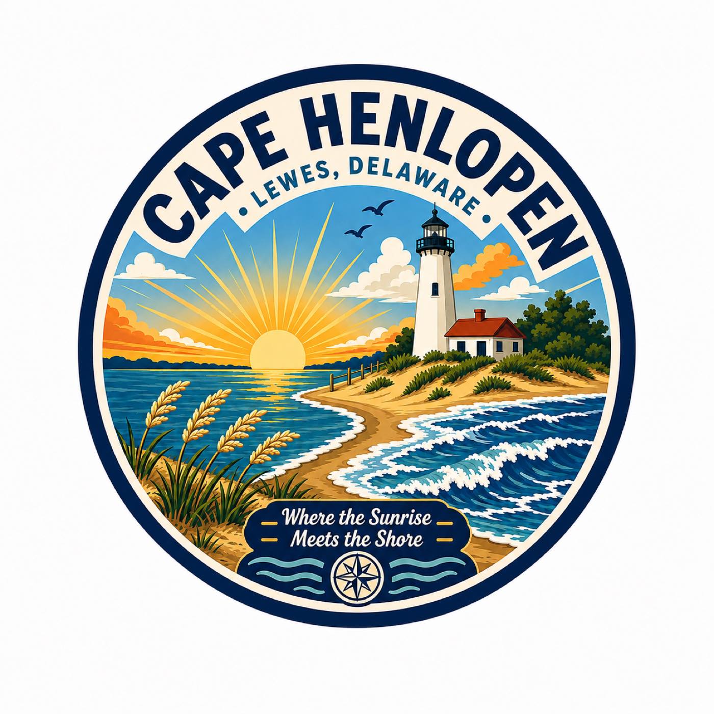 Circular badge: sunrise over the water where bay meets ocean, a white lighthouse with a red-roofed keeper's house on the dune, sea oats in the foreground.