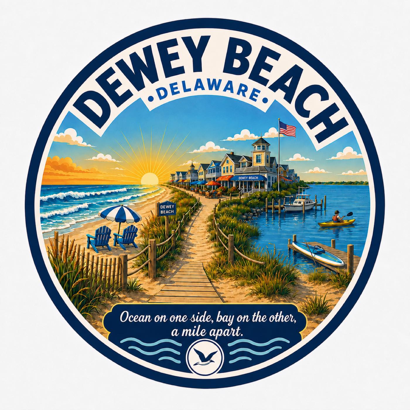 Circular badge: a boardwalk running between the ocean on the left and Rehoboth Bay on the right, beach chairs and umbrella one side, kayak and paddleboard the other, the town between them.