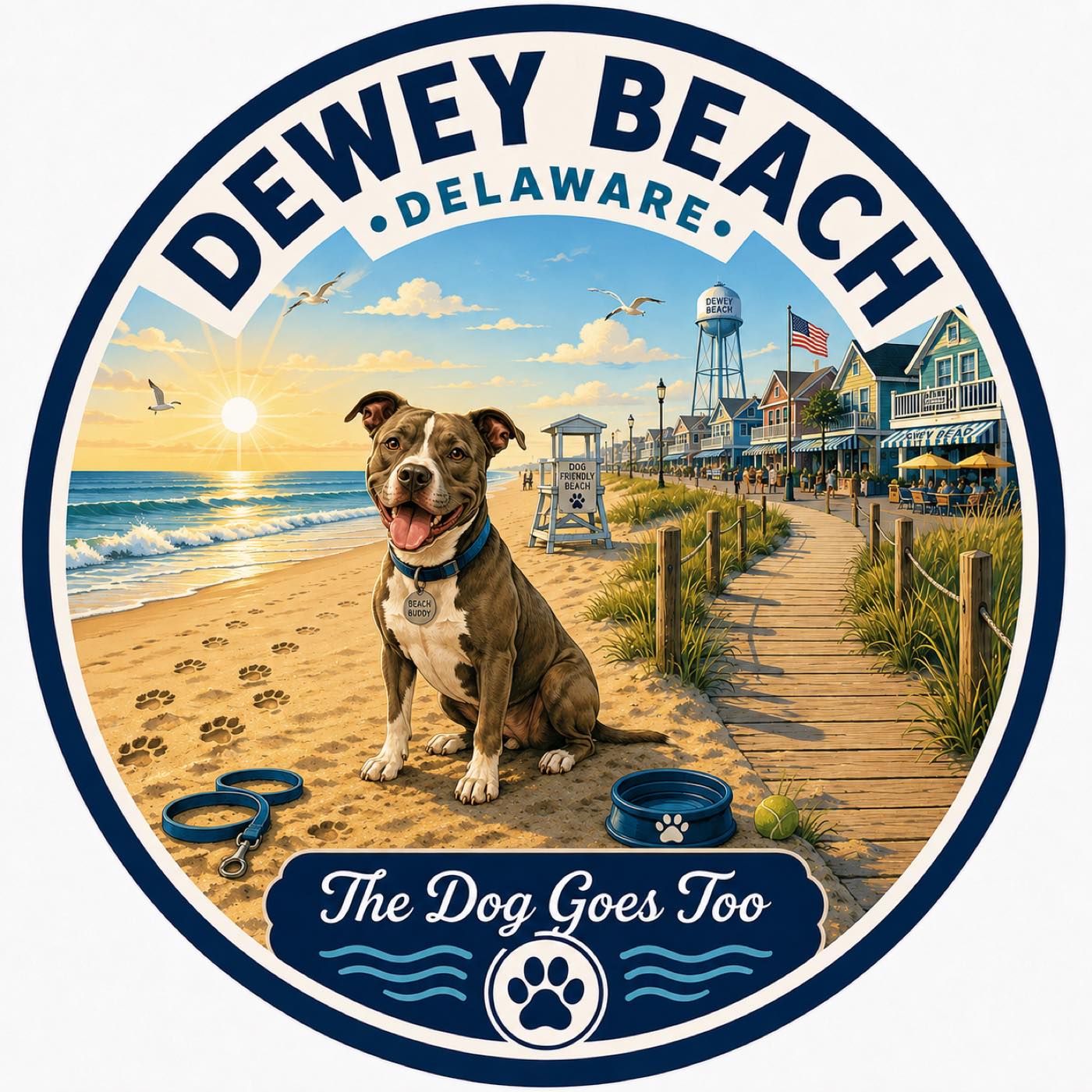 Circular badge: a brindle and white dog sitting on the sand at sunrise, paw prints behind it, lead, water bowl and tennis ball in the foreground, boardwalk and the Dewey Beach water tower to the right.