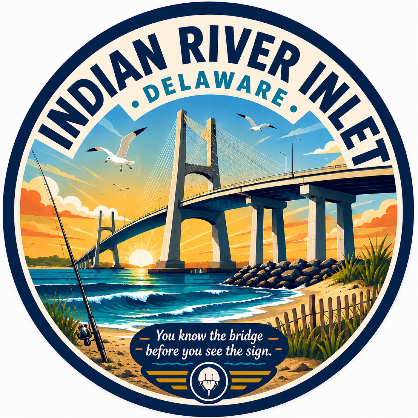 Circular badge: the Indian River Inlet bridge at sunrise seen from the sand, cable stays and piers, gulls overhead, a surf rod planted in the foreground, dune fence to the right.