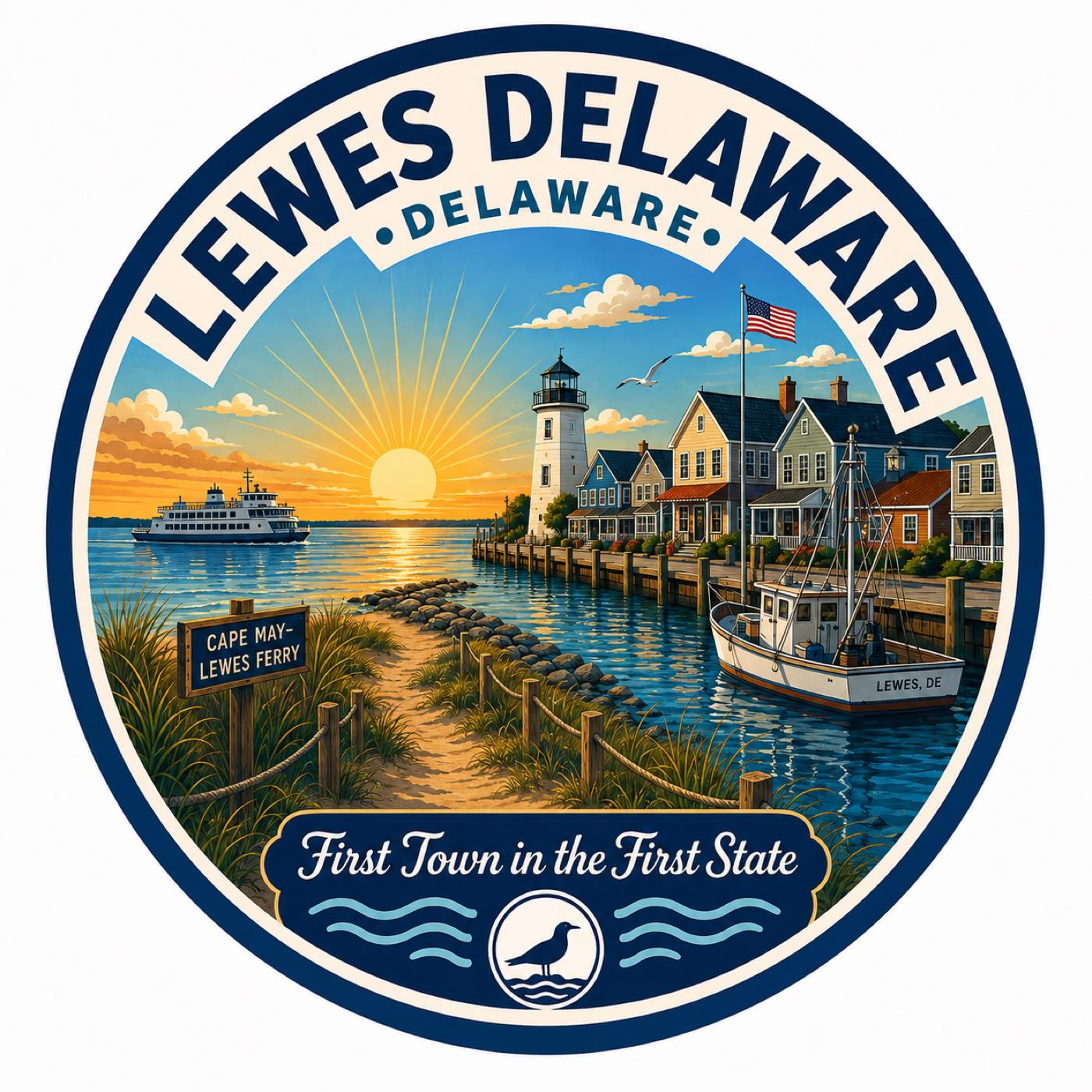 Circular badge: Lewes waterfront at sunrise — the ferry standing off, a lighthouse, clapboard houses along the canal, a fishing boat lettered LEWES DE, a path through dune grass past a Cape May–Lewes Ferry sign.
