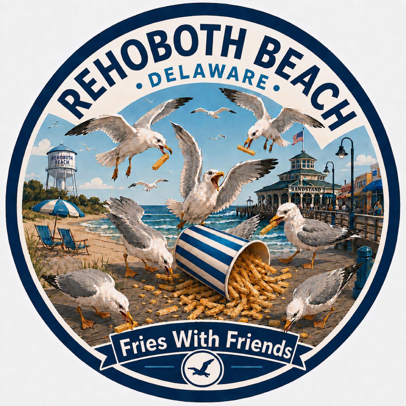 Circular badge: gulls mobbing a spilled striped tub of fries on the boardwalk, the bandstand and Rehoboth water tower behind, beach umbrella and chairs to the left.